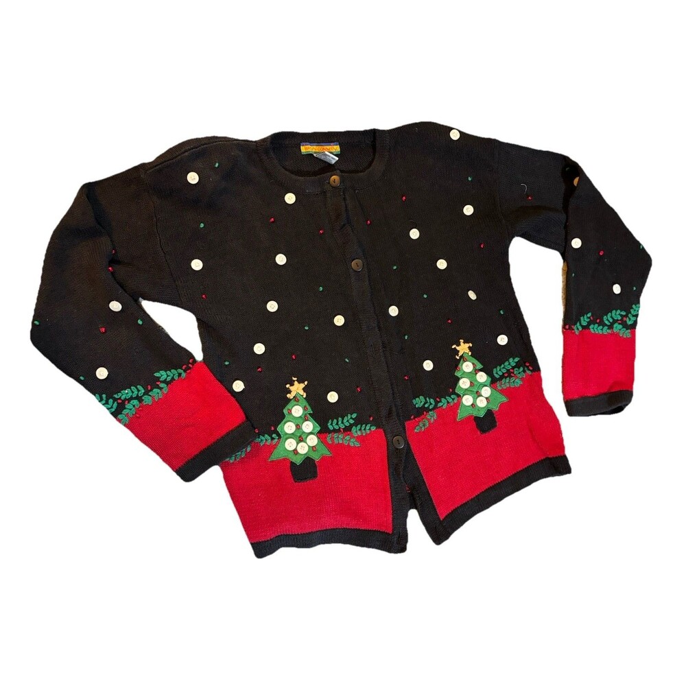Bryn Connelly 90s Vtg Cardigan Christmas Sweater W/ Buttons Christmas Trees READ